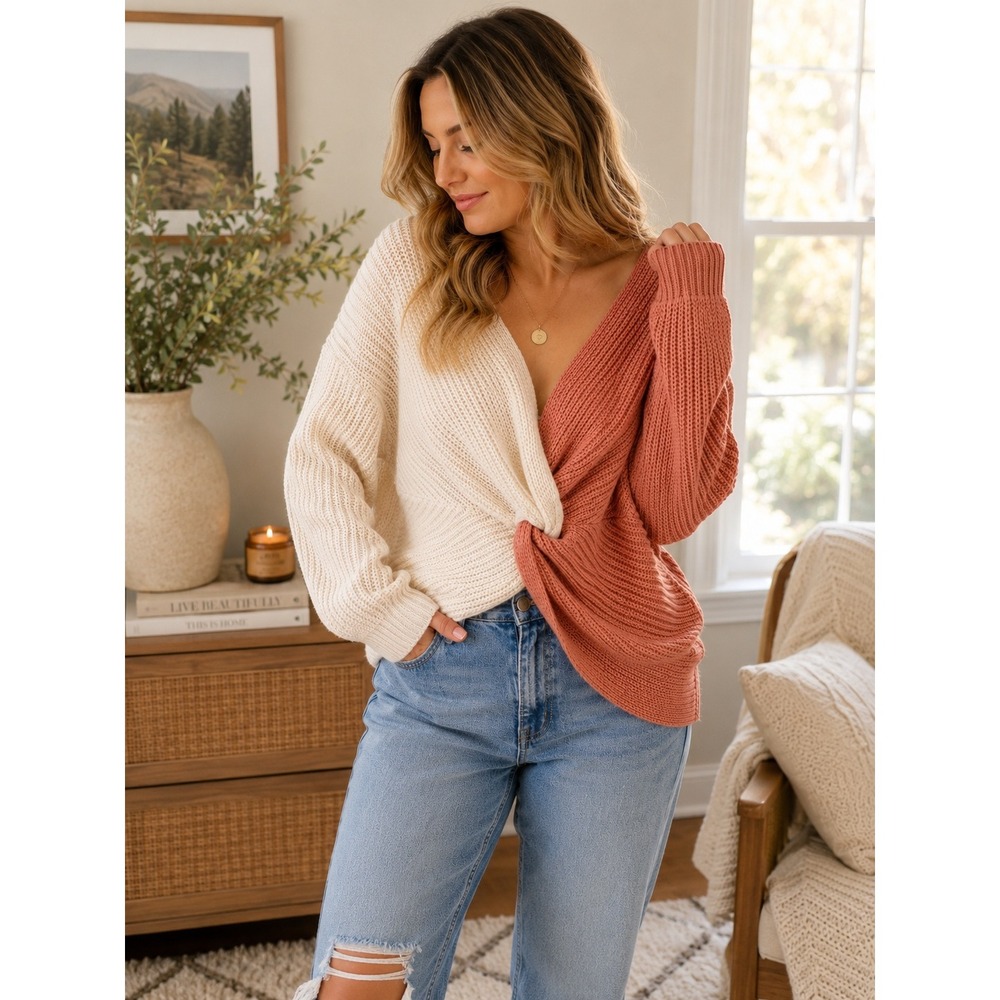 Time and Tru Colorblock Twist Front Chunky Knit Sweater XL Orange Cream
